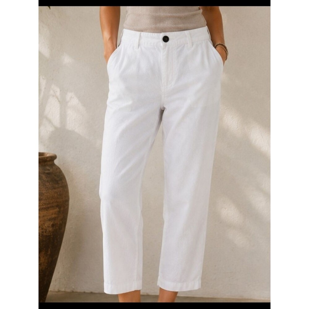 H&M Relaxed Fit White Linen Cotton Cropped Pants Women Sz 36 Casual Summer Beach